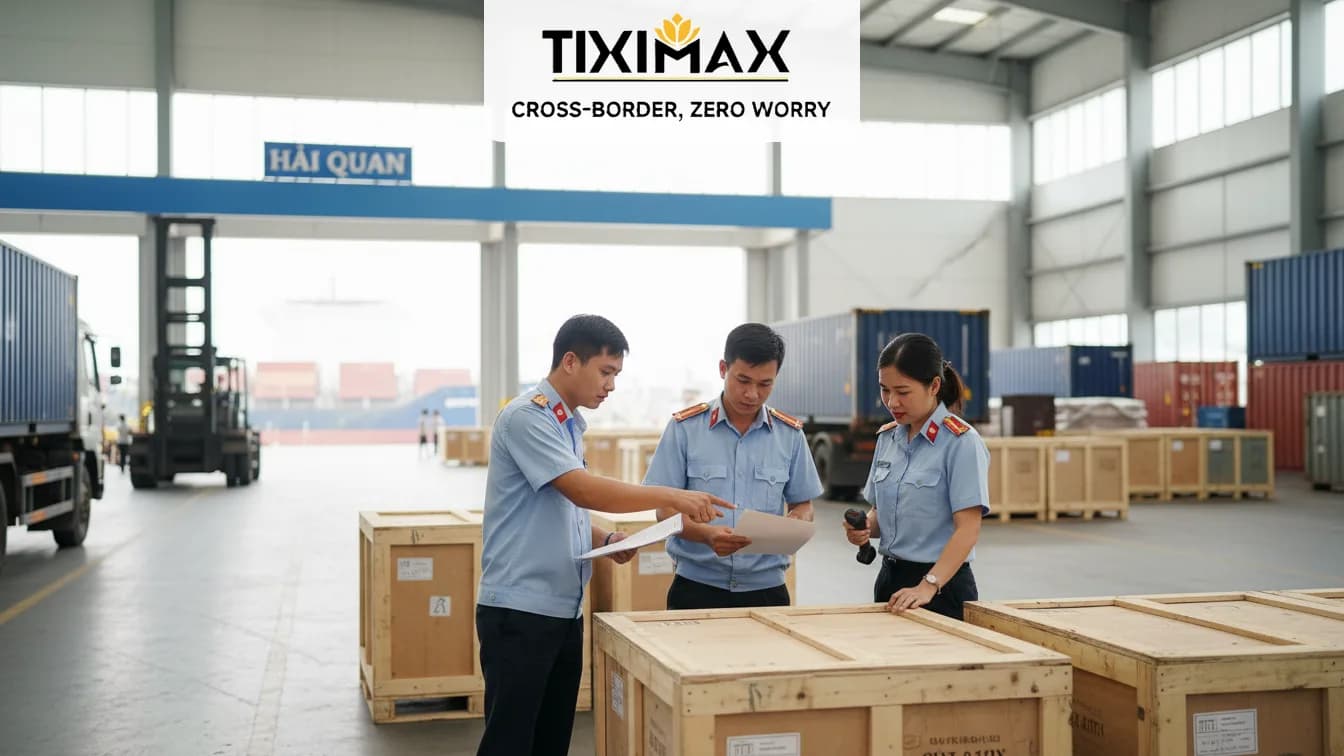 Cán bộ hải quan kiểm tra hàng hóa, chứng từ tại khu vực cảng trong thủ tục thông quan nhập khẩu.
